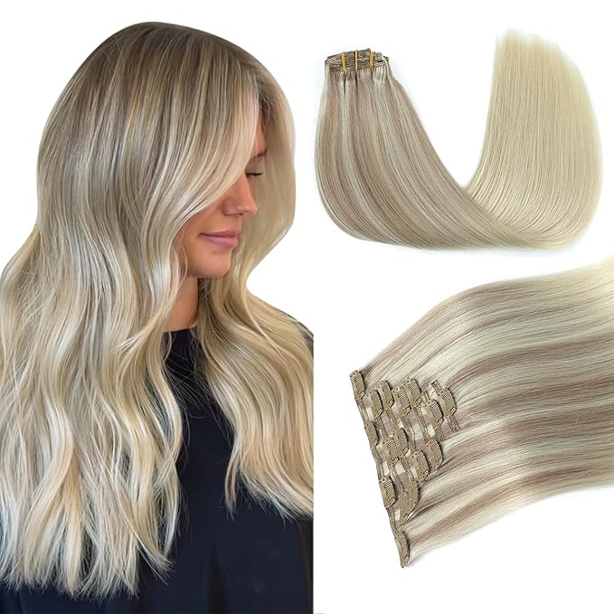 PINKPEARL Clip in Hair Extensions Straight Human Hair #18/22/60 Balayage Ash Blonde to Golden Blonde and Platinum Blonde 7pcs 120g 16 Inch Real Hair Clip in Extensions(#18/22/60-16)