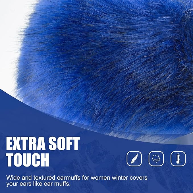 Faux Fur Headband for Women Elastic Fuzzy Thick Earmuffs Winter Headwrap Ear Muffs Furry Ear Warmers Cold Weather (Royal Blue)