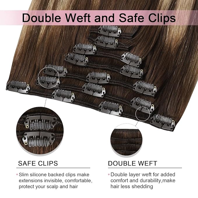 Pro2.0 Remy Real Human Hair Extensions Clip ins 120g Thick 7pcs #4/27/4 Chocolate Brown to Caramel Blonde Remy Clip in Hair Extensions Real Human Hair 16inch Double Weft（#4/27/4-16inch）
