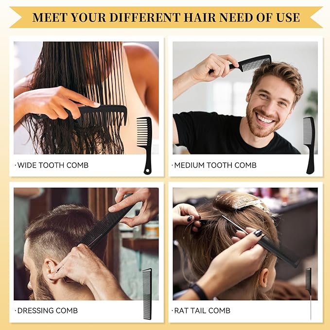 4PCS Combs for Women and Men, Professional Comb Set for Braiding Cutting Barber Styling Curly Parting, Wide Tooth Rat Tail Fine Tooth Hair Combs Kit for All Hair Types