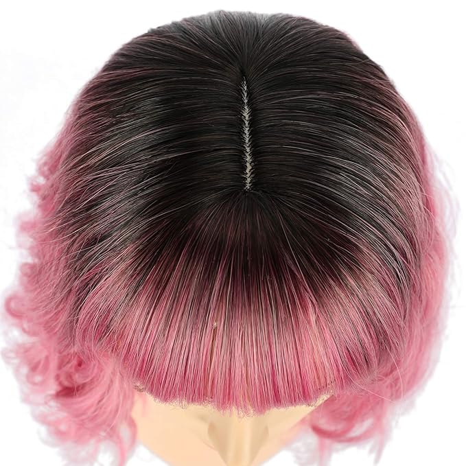 FAELBATY Ombre Red Wig With Bangs Short Wave Bob Synthetic Cosplay Wig for Women Halloween - 12" Ombre Rose Red Color