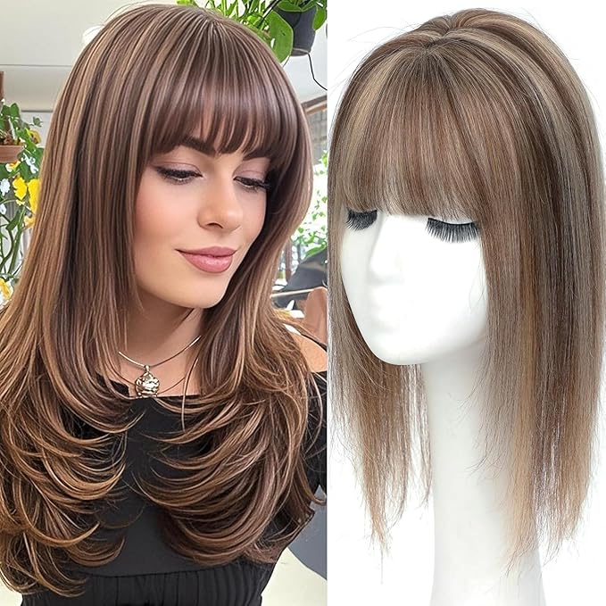 Hair Toppers for Women Real Human Hair, 360°3D Topper for Women with Thinning Crown Wispy Clip in Bangs Breathable Hand Tied Craft Big Coverage Hairpieces(P4/27（Big Coverage）, 16 Inch-3D-Wispy)