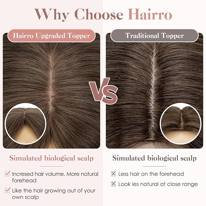 Hairro Human Hair Toppers Free Parted, 3.5x4.7" Base Hand-wovened 100% Real Hairpieces, with Invisible Clips-in for Women, for High Hairline/Adding Volume on Top, 16 Inch Cocoa Brown