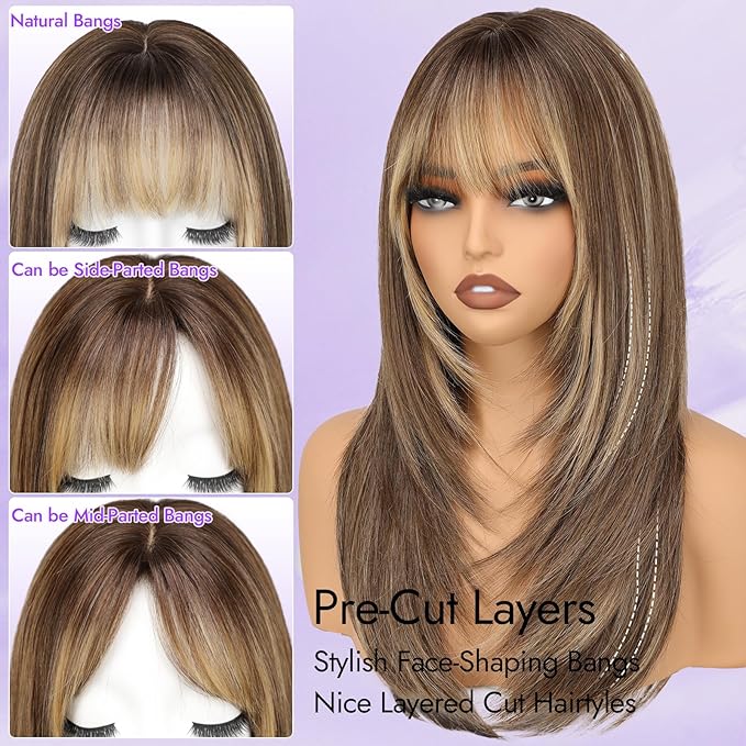 Wig with Bangs for Women Brown Straight Face-Framing Layers Hairstyle 4x4 Realistic Scalp Glueless Synthetic Wigs Medium Length for Everyday Use