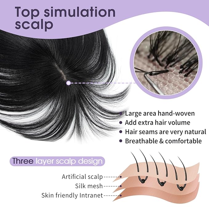 Jet Black Real Human Hair Topper with Bangs Covers Thinning Crown, Receding Hairline for Women 10inch Clip-In Hair Topper for Thinning Hair