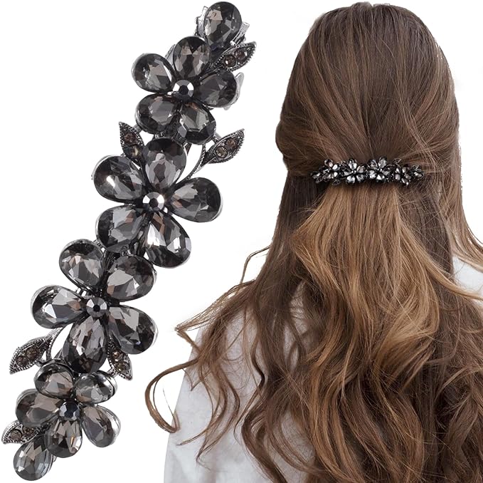 Joez Wonderful Rhinestone Hair Clip Sparkly Crystal Barrettes French Wedding Prom Engagement Pageant First Communion Hair Decorative Accessories for Women Bride Thick Long Hair (Flower Grey, 1 Pcs)