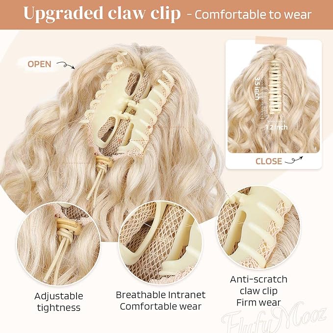 Flufymooz 100％ Pure Protein Ponytail Extension, 18 Inch Curly Claw Clip Ponytail Hair Extensions Natural Soft pony tail hairpiece for women-Light Blonde with White Blonde