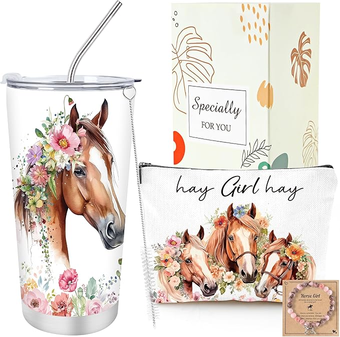 Keluna Horse Gifts for Women - Horse Lover Must Haves Essentials Gifts for Girls Women Female Friends Coworker Christmas Birthday Appreciation Mother's Day Tumbler Makeup Bag Bracelet