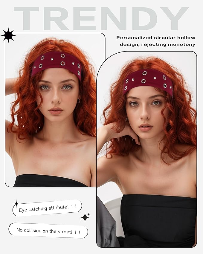 Grommet Headband for Women, Red Triangle Studs 23cm Hollow Out Elastic Hair Band, Eyelets Punk Grunge Stylish Hairband