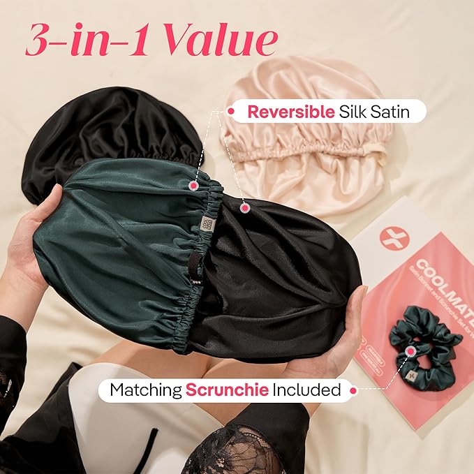 CoolMate Adjustable Satin Silk Bonnet for Sleeping Women, Tie Double Lined Silk Bonnet for Women Long Hair
