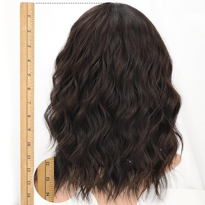 AISI HAIR Natural Brown Synthetic Curly Wavy Bob Wig with Bangs for Women, 21-23 Inches