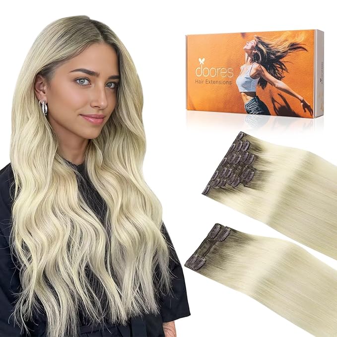 DOORES Clip in Hair Extensions Human Hair, Light Ash Brown to Ash Blonde 150g 9pcs 20 Inch, Remy Hair Extensions Clip in Straight Thick