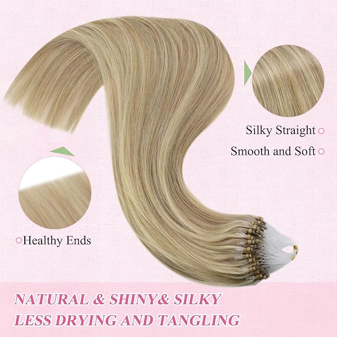 YoungSee Micro Beads Hair Extensions Blonde Microlink Hair Extensions Highlight Blonde with Golden Blond Bead Extension Human Hair for Long Hair 24Inch 50g 50s Natural Hair Extension