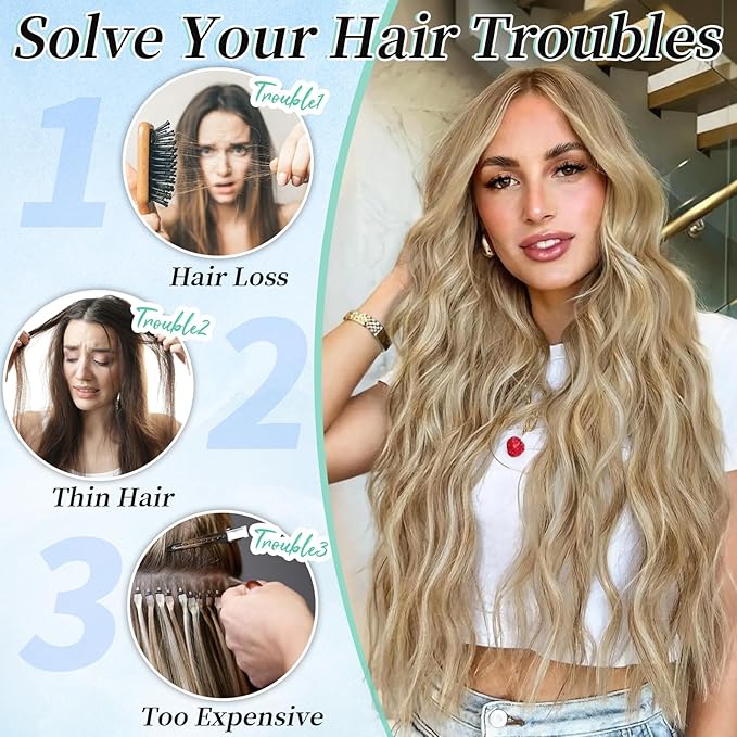 KooKaStyle Clip in Synthetic Hair Extensions Long Wavy 4PCS Thick Hairpieces Light Brown mix Golden Blonde Fiber Double Weft Natural Hair Extensions 16 Inch for Women