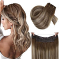 RUNATURE Wire Hair Extensions Real Human Hair 18 Inch, 80g One Piece, Invisible Wire Hair Extensions Brown Balayage, Long Hair Extension for Women, Add Hair Thickness #3/8/22 Brown Ombre Blonde