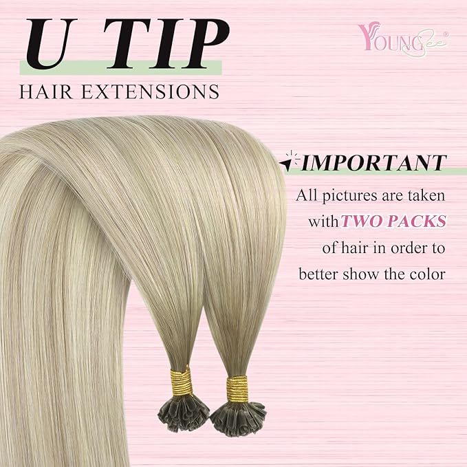 YoungSee U Tip Hair Extensions Real Human Hair Ash Blonde Ombre Blonde Balayage UTip Remy Hair Extensions 14In 50G/50S
