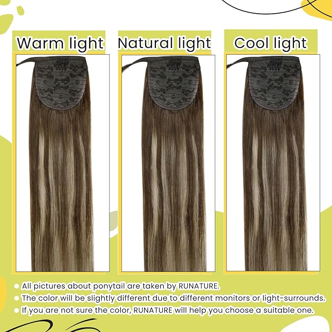 RUNATURE Ombre Ponytail Extension Human Hair Short Ponytail Human Hair Extensions with Magic Paste Ombre Brown to Caramel Blonde with Medium Brown Straight Real Hair Ponytail Extension 12 Inch 70g