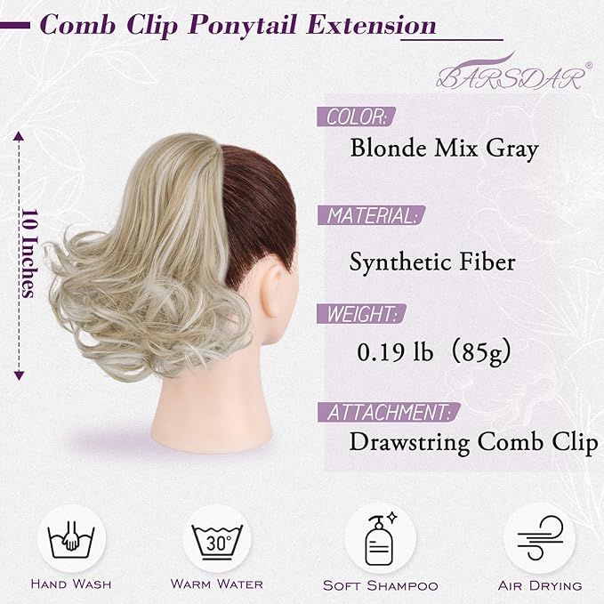 BARSDAR Drawstring Comb Clip Ponytail Extension - 10 Inch Short Wavy Clip in Ponytails Hairpieces for Women - Synthetic Gray Ponytail Extension Fake Pony Tails - Blonde Mix Gray
