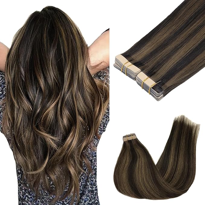 GOO GOO Tape in Hair Extensions Human Hair, 2/6 Dark Brown Highlighted Chestnut Brown, 16inch 100g 40pcs, Skin Weft Seamless Invisible, Silky Straight with Thick Ends, Remy Human Hair