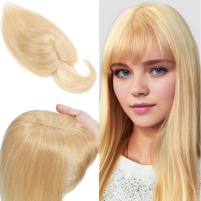 SEGO 100% Real Human Hair Toppers, with Air Bangs, Silk Base 150% Density, Clip in Topper, 2.7”x5.1”, HairPieces for Women, with Thinning/Hair Loss Cover Gray