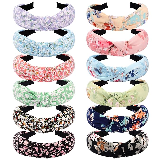 VELSCRUN Hairband, 12 Pcs Knotted Headbands for Women, Floral & Bohemian Patterns, Elastic, Soft, Wide Fashion Headbands, Hair Accessories for Women & Girls, Gifts