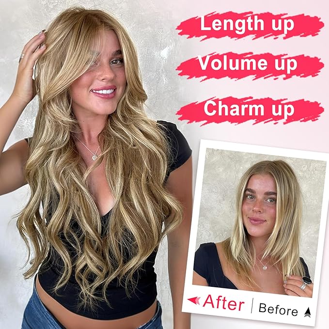 ALXNAN Long Wavy Hair Extensions for Women, Clip in Hair Extensions Clip Ins Soft Full Head Synthetic Hairpieces 20 Inch Light Brown Mixed Ash Blonde