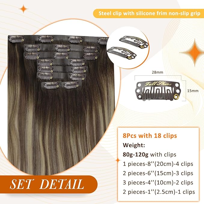 Full Shine Seamless Clip in Hair Extensions Remy Human Hair 16 Inch 120G 8 Pcs Balayage Brown Ombre to Light Brown Mix Blonde Human Hair Clip in Extensions for Women