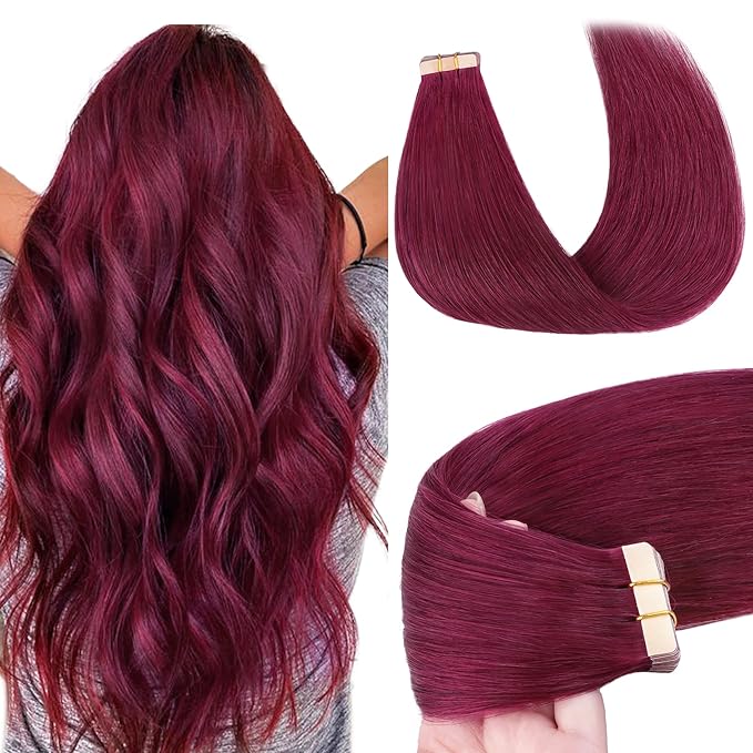 GOO GOO Tape in Hair Extensions Human Hair, Burgundy, 24inch 50g 20pcs, Skin Weft Seamless Invisible, Silky Straight with Thick Ends, Remy Human Hair