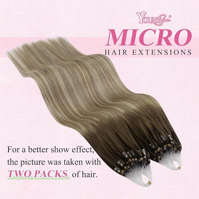 YoungSee Micro Bead Hair Extensions Real Human Hair Balayage Microlink Hair Extensions Dark Brown Ombre Blonde with Brown Bead Hair Extension Human Hair Silky Straight for School 18 Inch 1g/s 50g