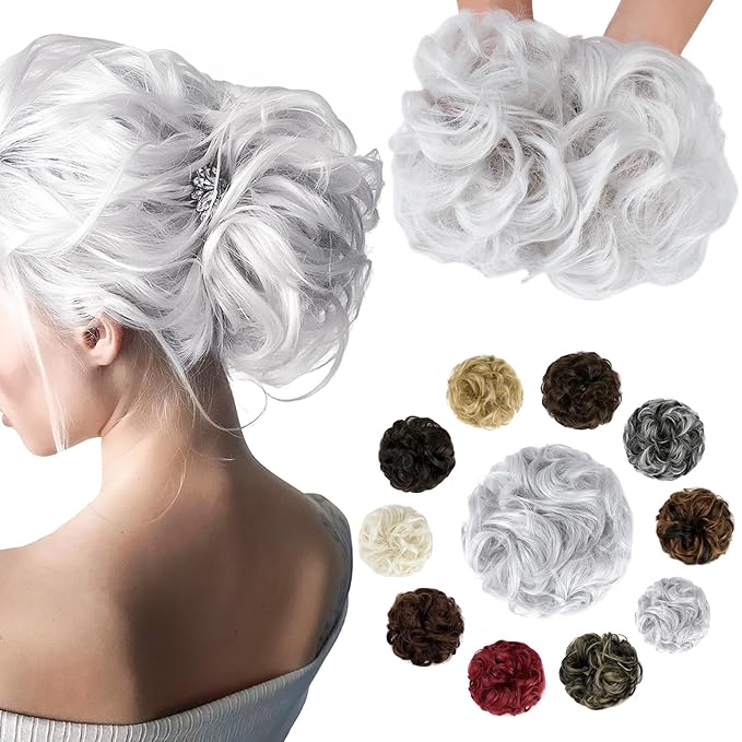 Messy Bun Hair Piece Wavy Curly Scrunchies Fluffy Donut Thick Updo Elegant Chignon Hairpieces for Women Girls, Silver Grey 1.4oz