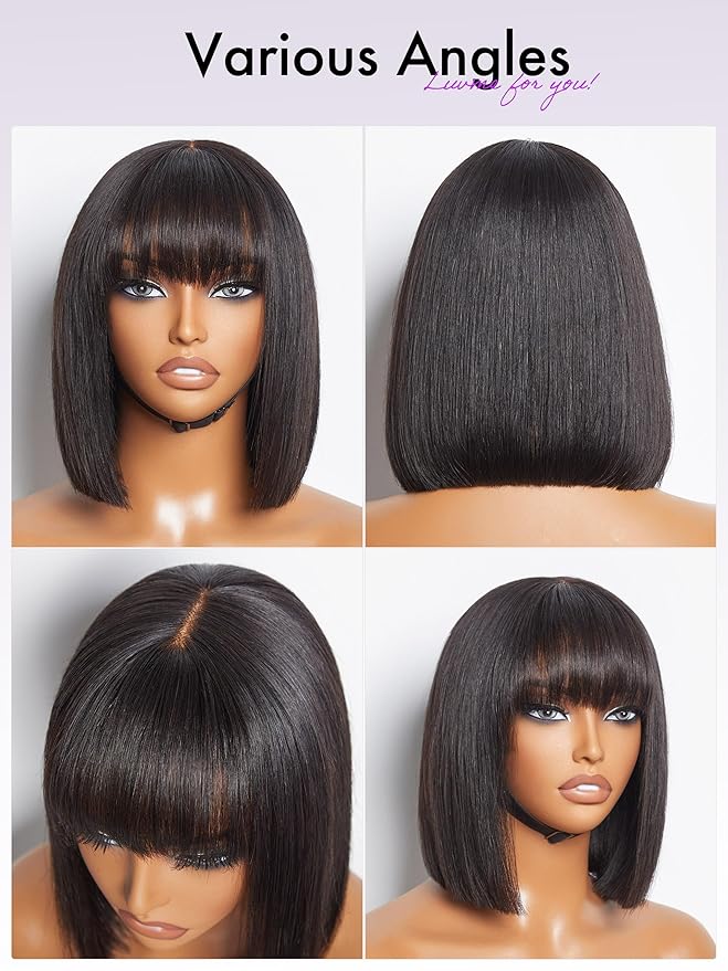 LUVME HAIR 10 Inch Silky Straight Bob Wig with Bangs Human Hair Realistic HD Lace Short Black Bob Wigs, Ready to Go Blunt Cut Bob Wig Glueless 180 Density
