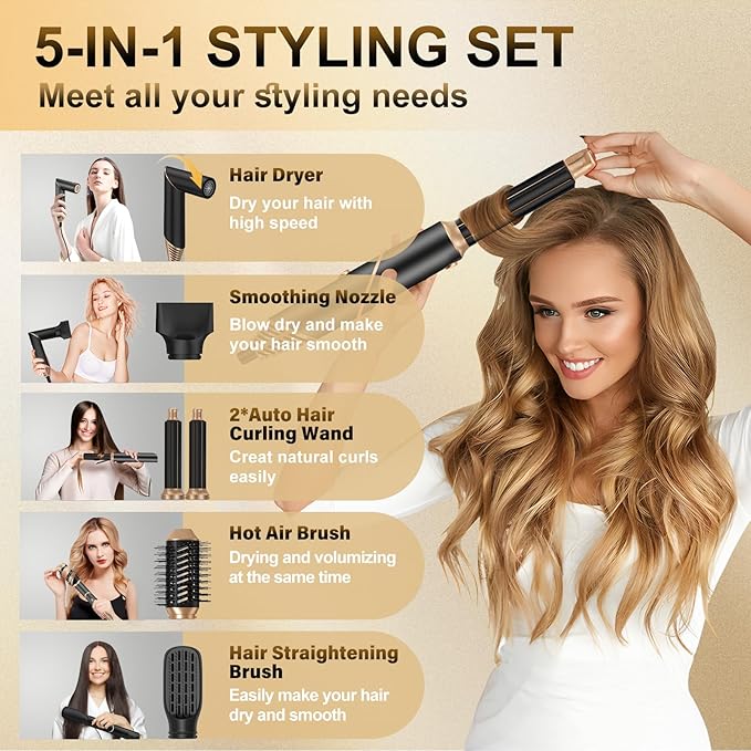 Hair Dryer Brush Set 6 in 1, Anluomania Blow Dryer Brush Foldable, Multi Negative Ionic Curl Hair Dryer Hair Styling Tools, Detachable Air Hair Styler Curling Iron for Curling, Drying, Straightening