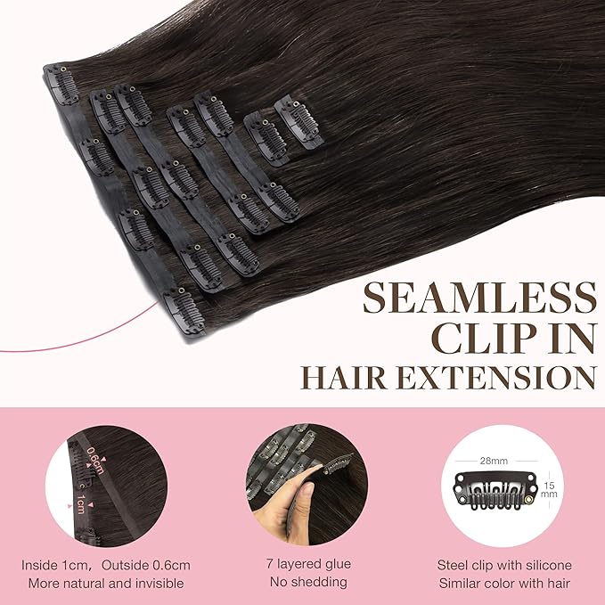 GOO GOO Clip in Hair Extensions Real Human Hair, Remy Human Hair Extensions Clip ins for Women, Natural Human Hair, 24inch 120g 7Pcs, 2A Light Brown