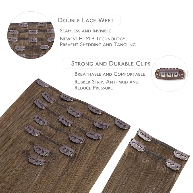 WENNALIFE Clip in Hair Extensions, 150g 20 Inch 9pcs Light Ash Brown Human Hair Extensions Thicker Clip in Hair Extensions Real Human Hair Clip Set Double Weft