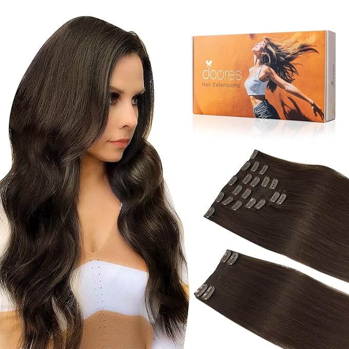 DOORES Human Hair Clip in Extensions, Light Dark Brown 16 Inch 150g 9pcs, Remy Clip in Hair Extensions Clip in Extensions Human Hair Natural Extensions for Women Clip in Thick Silky Straight