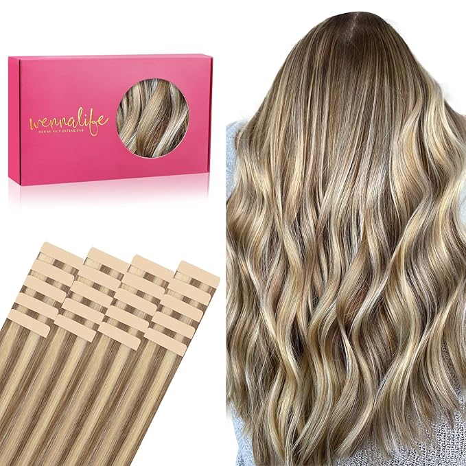 WENNALIFE Tape in Hair Extensions Human Hair, 20pcs 50g 20 inch Ash Brown with Platinum Blonde Highlights Remy Hair Extensions Straight Human Hair Tape in Extensions Skin Weft Tape Extensions