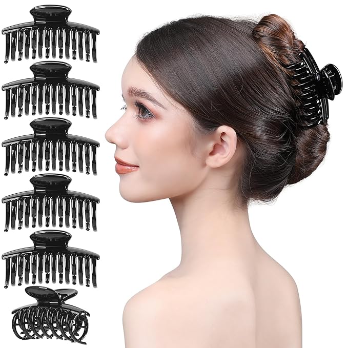 RC ROCHE 6 Pcs Double Claw Hair Clip Tooth Claw Clip Grip Tooth Jaw Clamps Thin Fine Hair Strong Hold No Slip Undo Clutchers for Women, Medium Black