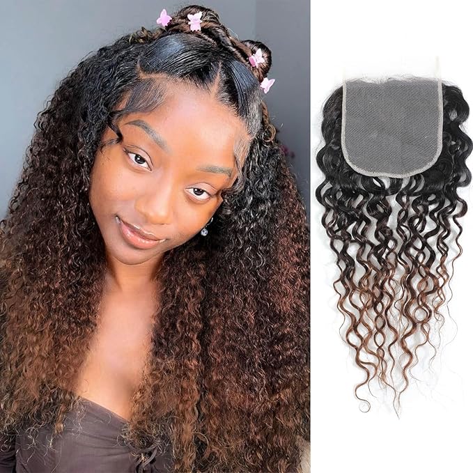 T1B/2/30 Ombre Water Wave Closure 5x5 100% Real Human Hair 20 Inch Chestnut Brown Ombre Water Wave Transparent Lace Closure