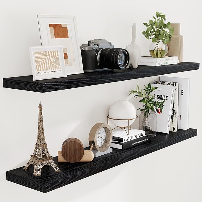 Fun Memories Floating Shelves 55 Inch Set of 2, Black 55 x 9 Wall Shelves for Home Decor Storage, Rustic Wood Floating Shelf for Wall, 9 Inch Deep Shelving for Bathroom, Living Room, Kitchen