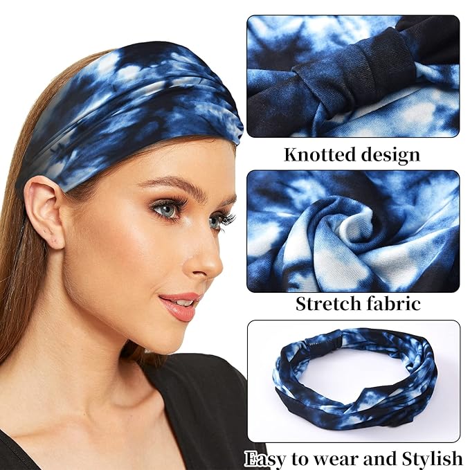 Yeshan Wide Headbands for Women Non Slip Boho Headband Elastic Tie dye Yoga Workout Sweat Bands Running Sport Hair bands,Pack of 6