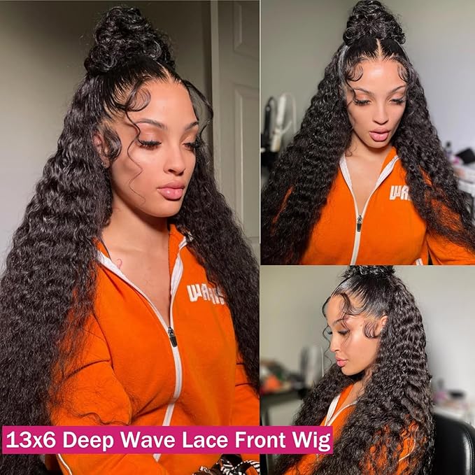 13x6 Lace Front Wigs Human Hair 200 Density Deep Wave HD Lace Front Wigs Human Hair Curly Glueless Wigs Human Hair Pre Plucked 13x6 HD Frontal Lace Front Wigs for Women (32 Inch)