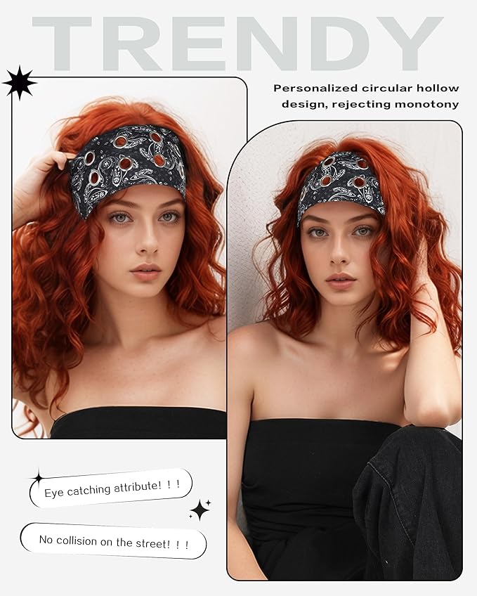 Grommet Headband for Women, Black Paisley 23cm Hollow Out Elastic Hair Band, Eyelets Punk Grunge Stylish Hairband