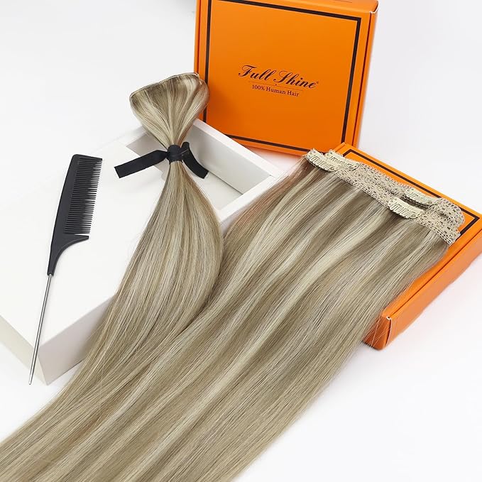 Full Shine Invisible Clip in Hair Extensions Human Hair 18 Inch Brown Highlight Blonde Clip in Extensions for Women Straight Remy Hair Extension 3 PCS 60 G