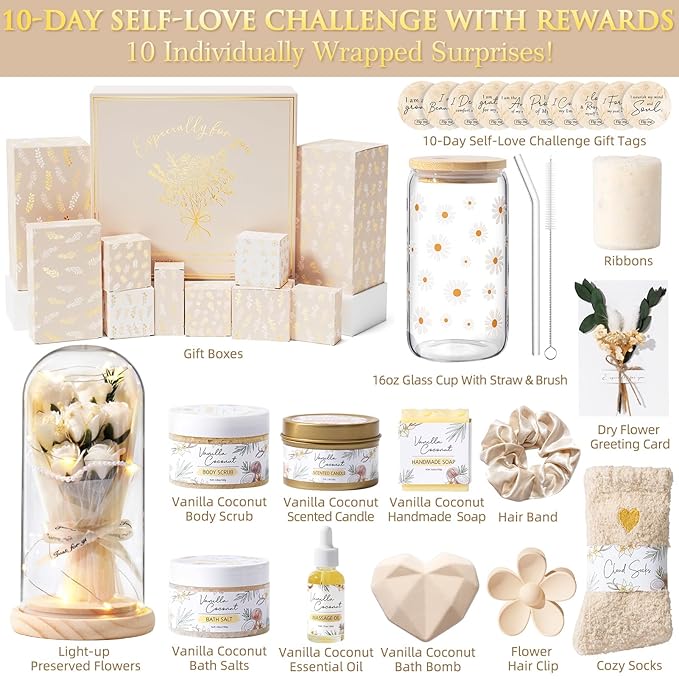 Christmas Gifts for Women & Teenage Girls, 10 Day Self Love Challenge to Unlock 10 Wrapped Spa Gift Baskets, Tween Teen Girl Trendy Stuff Bath Shower Sets Self Care Birthday Gifts Stocking Stuffers