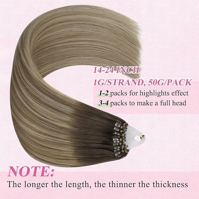YoungSee Micro Bead Hair Extensions Real Human Hair Balayage Microlink Hair Extensions Dark Brown Ombre Blonde with Brown Bead Hair Extension Human Hair Silky Straight for School 18 Inch 1g/s 50g