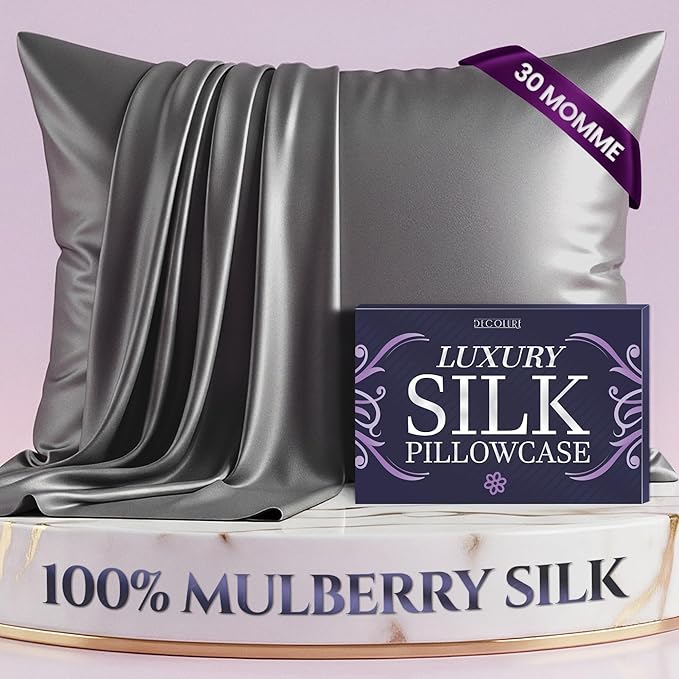 DECOLURE 100% Pure Mulberry Silk Pillow Case Queen Size – Highest Grade 30 Momme 6A+, Luxuriously Soft & Cooling Silk Pillowcase for Hair & Skin, Hypoallergenic, Breathable, Hidden Zipper (Grey)