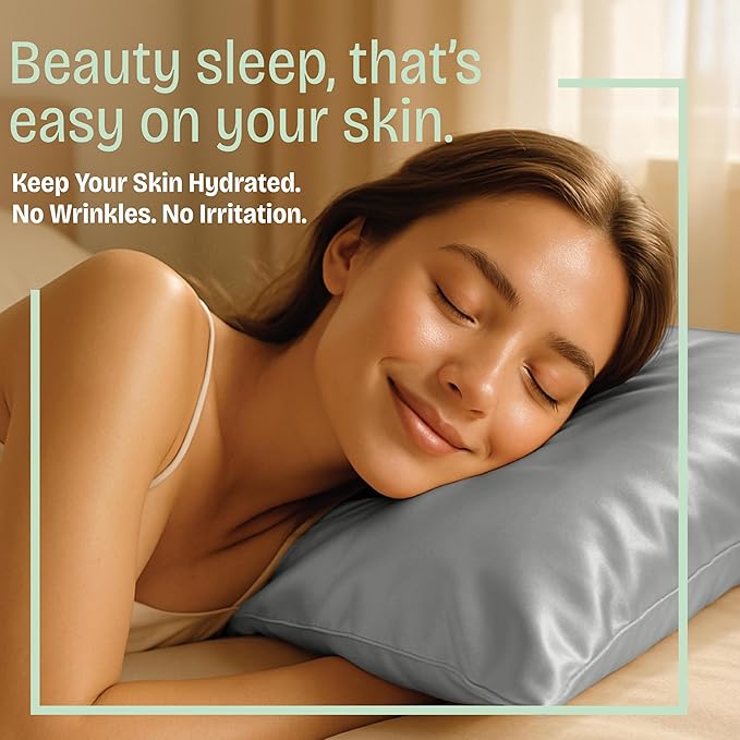 BLISSFORD Satin Pillowcase with Zipper, for Hair and Skin Care, Feels Soft and Cool Like a Silk Pillowcase, Satin Pillow Cases 2 Pack, Slik Pillow Cover, Grey, Queen Size, Set of 2