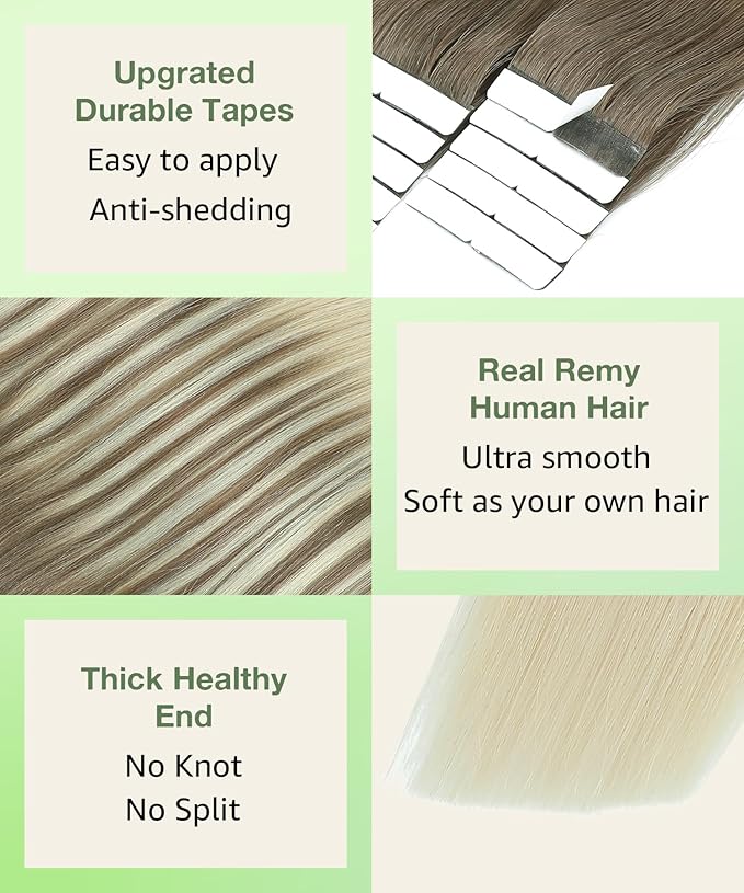 SURNEL Tape in Hair Extensions Ombre Color 8 Ash Brown Fading to 60 Platinum Blonde Human Hair 16 inch Remy Tape in Hair 20pcs 50g(#8T60-16)