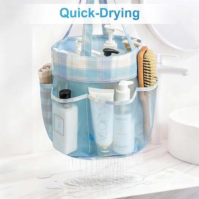 Mesh Shower Caddy Portable, Bathroom Caddy Organizer for College Dorm Essentials, Hanging Shower Tote Bag with 7 Pockets for Beach, Swimming, Gym camping Blue Checkered