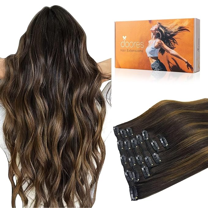 DOORES Human Hair Extensions Clip in Balayage Dark Brown to Chestnut Brown Clip in Remy Hair Extensions Natural Hair 120g Straight 7pcs 24 Inch